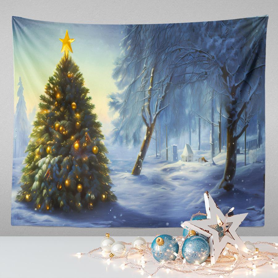 Amazon Festive Hanging Cloth Christmas Background Cloth Printed Cartoon Christmas Tree Snowman Tapestry