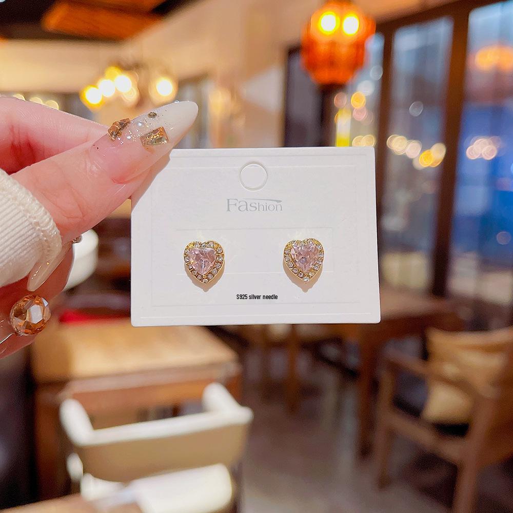 

925 Silver Heart Earrings with Pink Zircon - Niche Korean Style, Versatile and Elegant