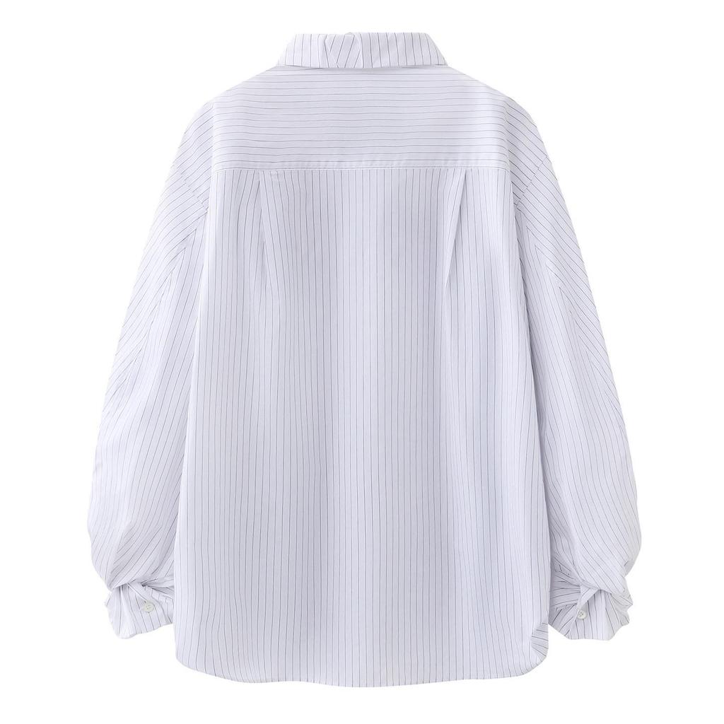 In Stock: 2026 Spring Fashionable Versatile Bud Sleeves Cotton Striped Shirt Top for Women