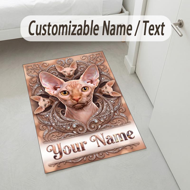 Cat Theme Crystal Velvet Rug Personalized Custom Name Text Soft Floor Mat Home Decor