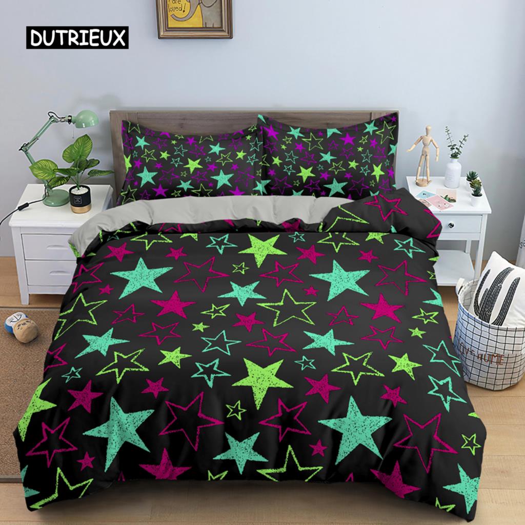 Colorful Stars Duvet Cover Set Microfiber Yellow Pink Stars Soft Bedding Set Single King Queen Twin Size 2/3pcs Comforter Cover