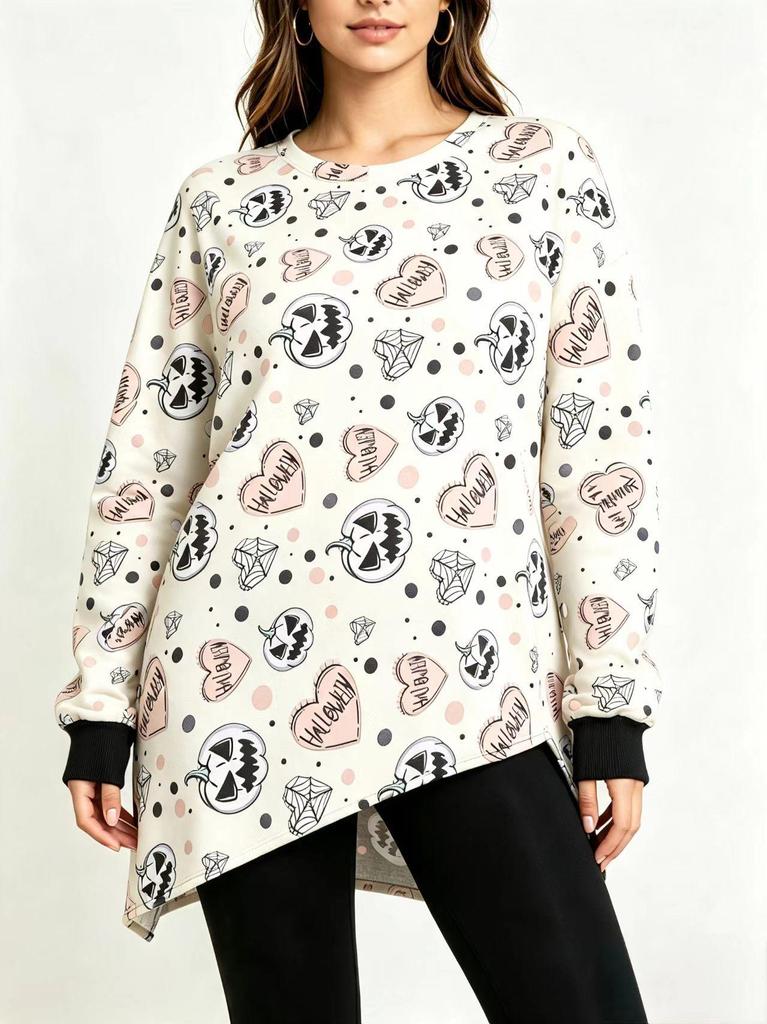 European Halloween Heart Pumpkin Print Long Sleeve with Ribbed Cuffs and Irregular Hem (2026 Style)