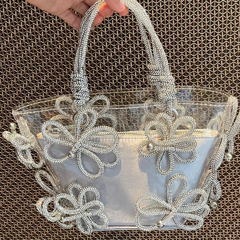 

Luxury Diamond Flower Basket Bag PVC Clear Women Handbags Designer Crystal Shoulder Bag Rhinestone Bucket Bags for Women Clutch small size