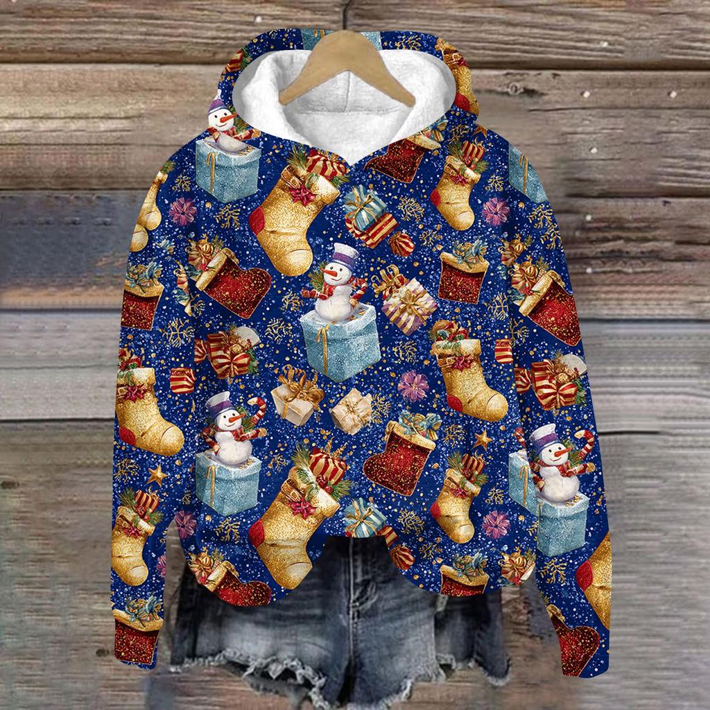 Women's Fashion Long Sleeve Christmas Print Loose Hooded Sweatshirt Top