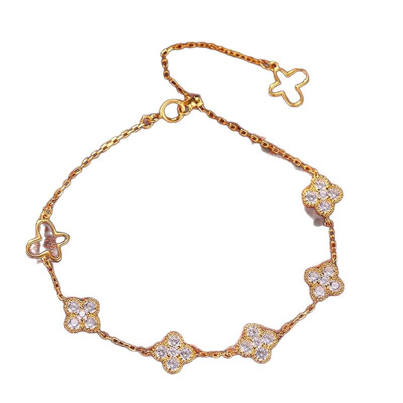 18K Gold-Plated 925 Sterling Silver Butterfly & Four-Leaf Clover Bracelet with Zircon and Flower Design for Women