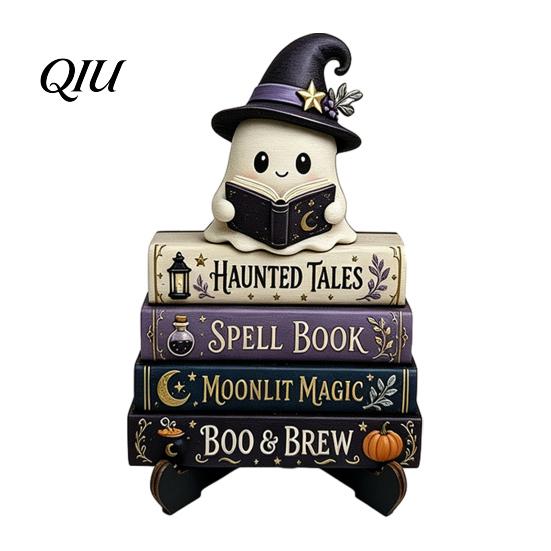 Halloween Party Tabletop Centerpieces Reading Ghost Figurine, Wooden Desktop Ornaments, Vintage Pumpkin Decor Statue with Stand for Home Fireplace