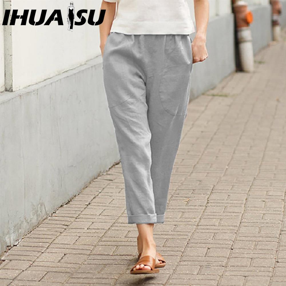 IHUASU Dámské letní jednobarevné kalhoty s dvojitou kapsou volné dlouhé kalhoty dámské bavlněné lněné kalhoty