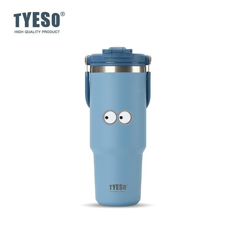 Tyeso 900ml Coffee Mug Vacuum Cup Handle Dual-Drink Thermoses Ice Cup Car Bottle Hot Cold Retention Vacuum Flasks Cute with Eye Sticker 900ML синий