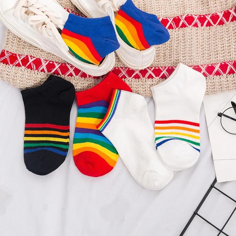 Harajuku Cute Rainbow Ankle Socks Ladies Funny Kawaii Color Yellow White Black Cotton Socks Girls