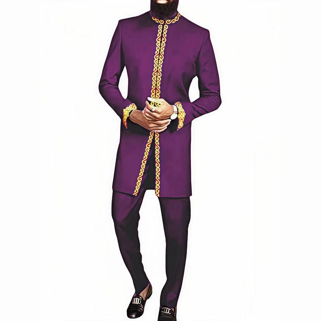 White Kaftan Men's Suit Embroidery Floral Top Pants Kaunda Suit Casual Outfits Wear Traditional 2PCS Set
