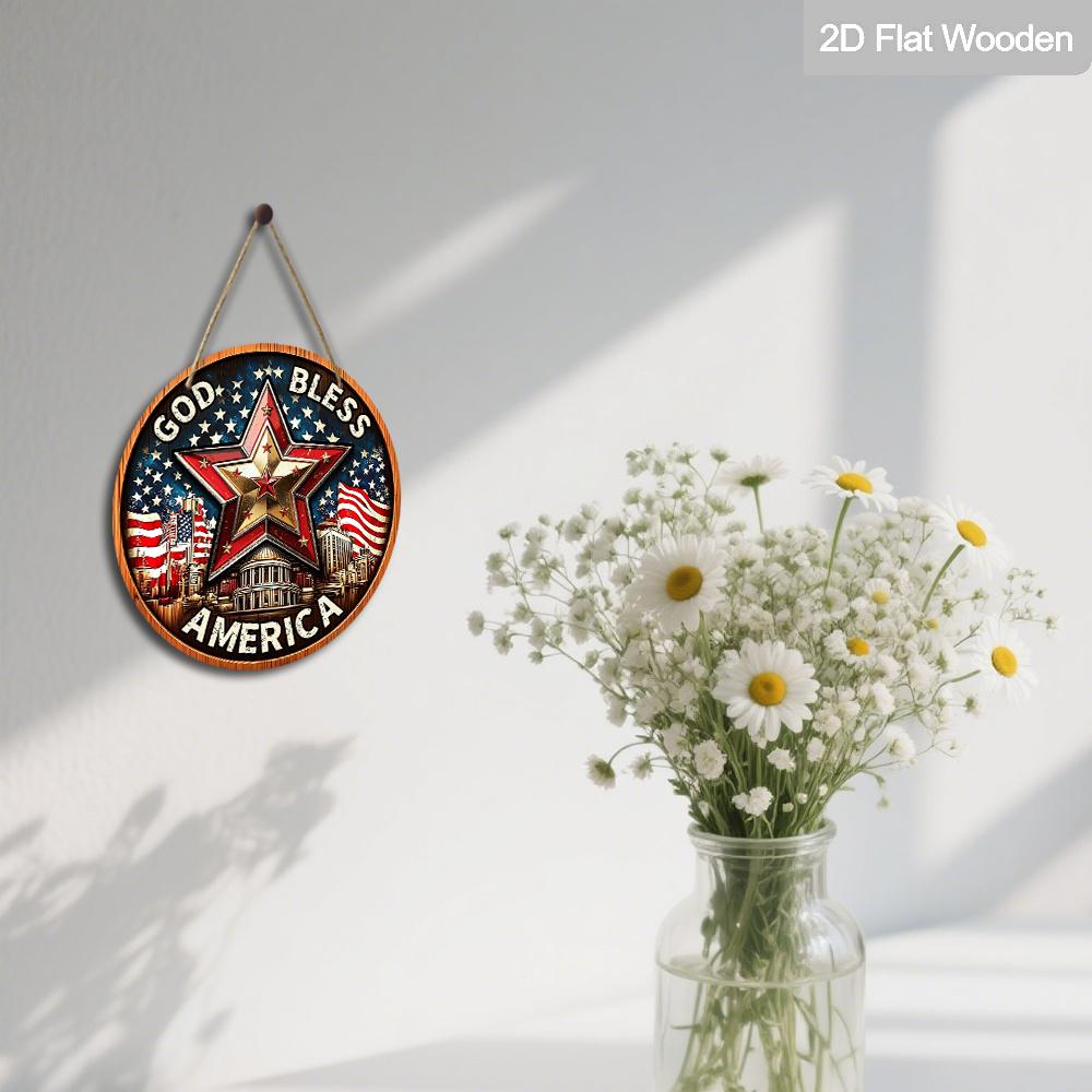 2D Flat God Bless America Patriotic Round Wooden Sign, Vintage Star & US Capitol Plaque with American Flag, 4th of July Hanging Decor for Front