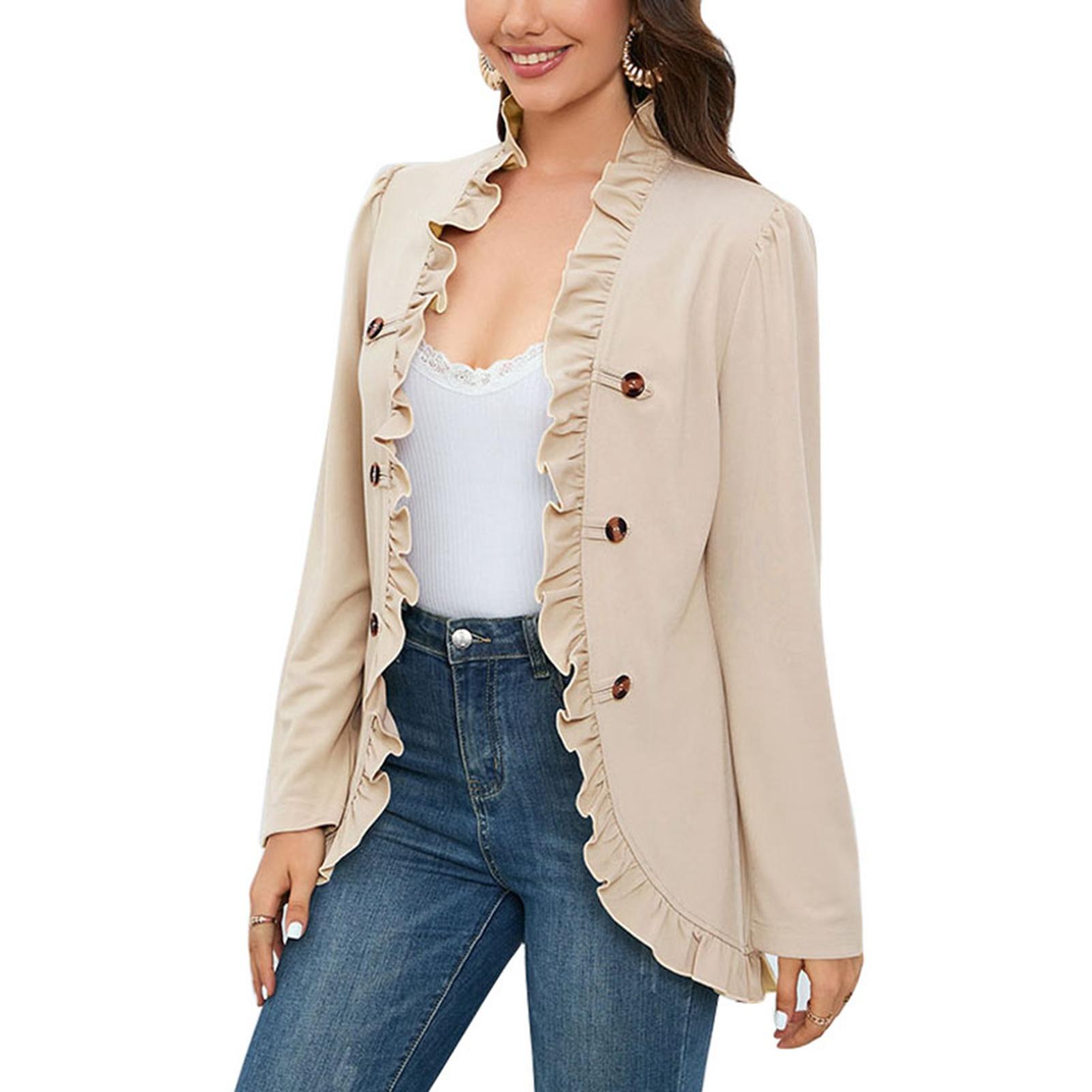 

Женское формальное пальто с оборками на двух пуговицах с длинным рукавом, однотонное короткое открытое женское пальто с оборками XXL абрикосовый