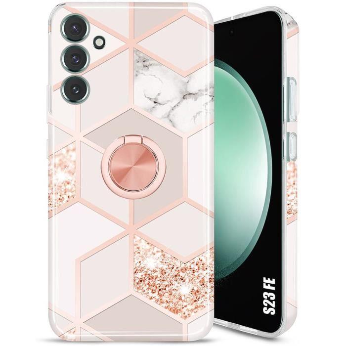 Coque de protection - BOOLING - pour Samsung Galaxy S23 FE - Motif Marbre Rose - Antichoc - Anneau Rotatif 360°