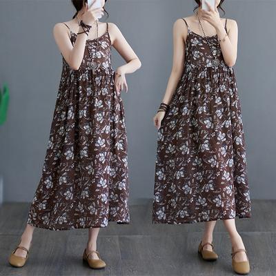 Summer Vintage Print Sweet Inner Strap Outer Mid Length Dress for Women Casual Dresses