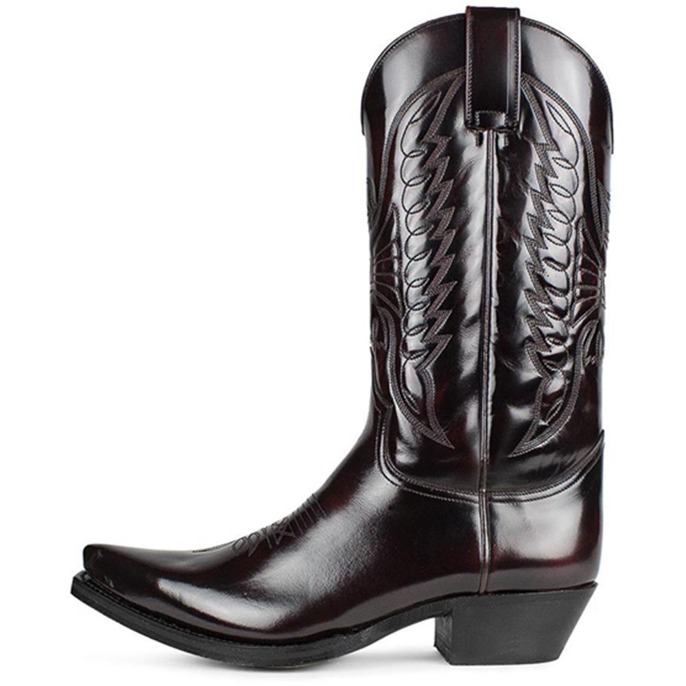 Men's Embroidered Western Cowboy Boots, Classic Pull On Pointed Toe Work Boot, Durable Chunky Heel Non-Slip Mid-Calf Booties