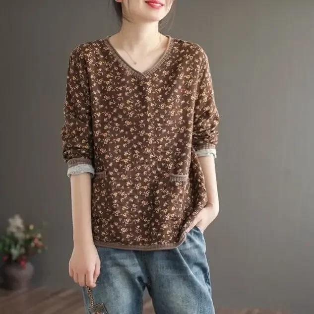 Vintage T Shirt Women Long Sleeve Shirt Cotton Linen V Neck Loose Tee Shirt Woman Autumn Clothes Basic Tshirt Ladies Top Casual