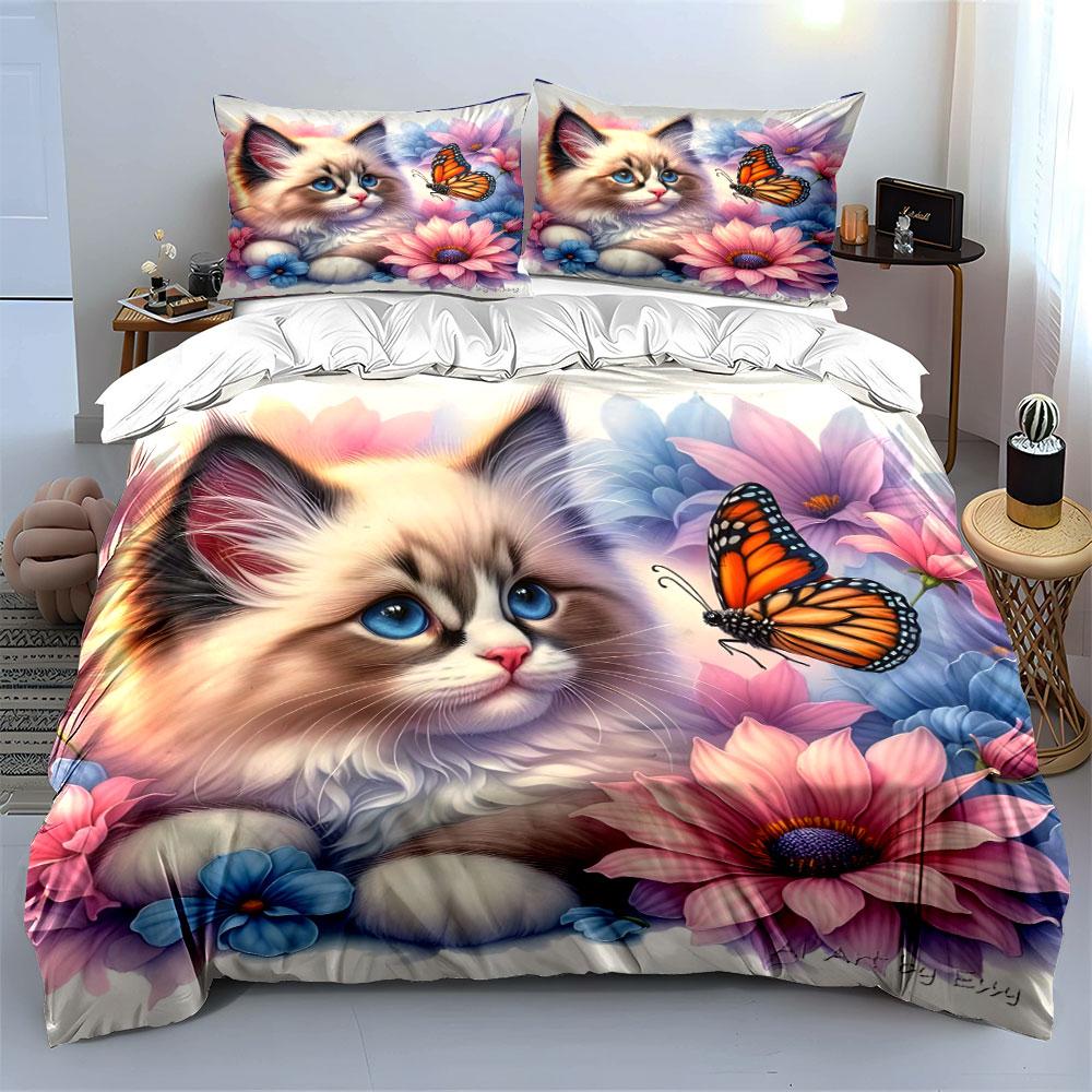 Cat And Butterfly In Colorful Flowers Duvet Cover Set With 3D Printing Design Soft Polyester Bedding Set All-Season Comfort