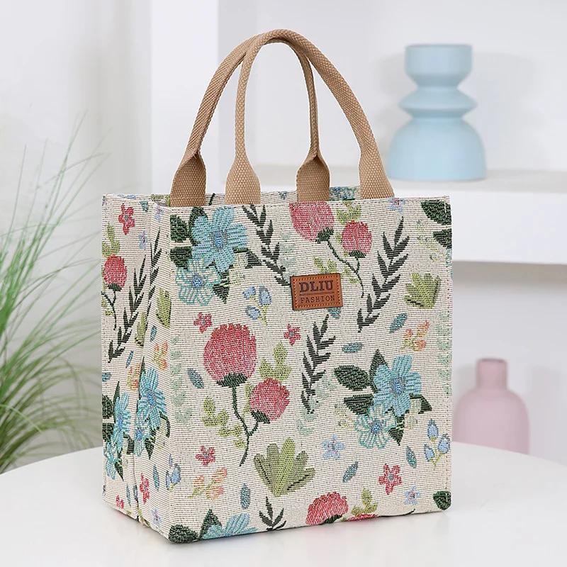 Aesthetic Floral Print Lunch Bag Insulated Large Capacity Lunch Bag Thermal Cooler Handbag for School Work Travel Picnic Gift