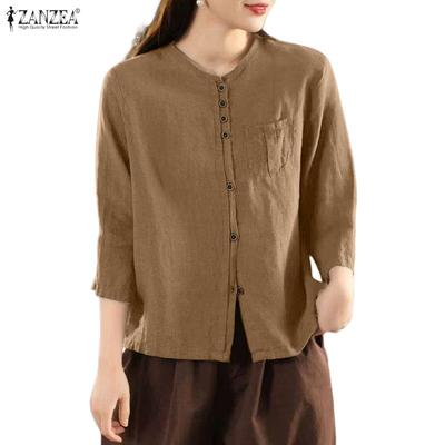 Women Casual Round Neck 3/4 Sleeve Loose Cotton Blouse