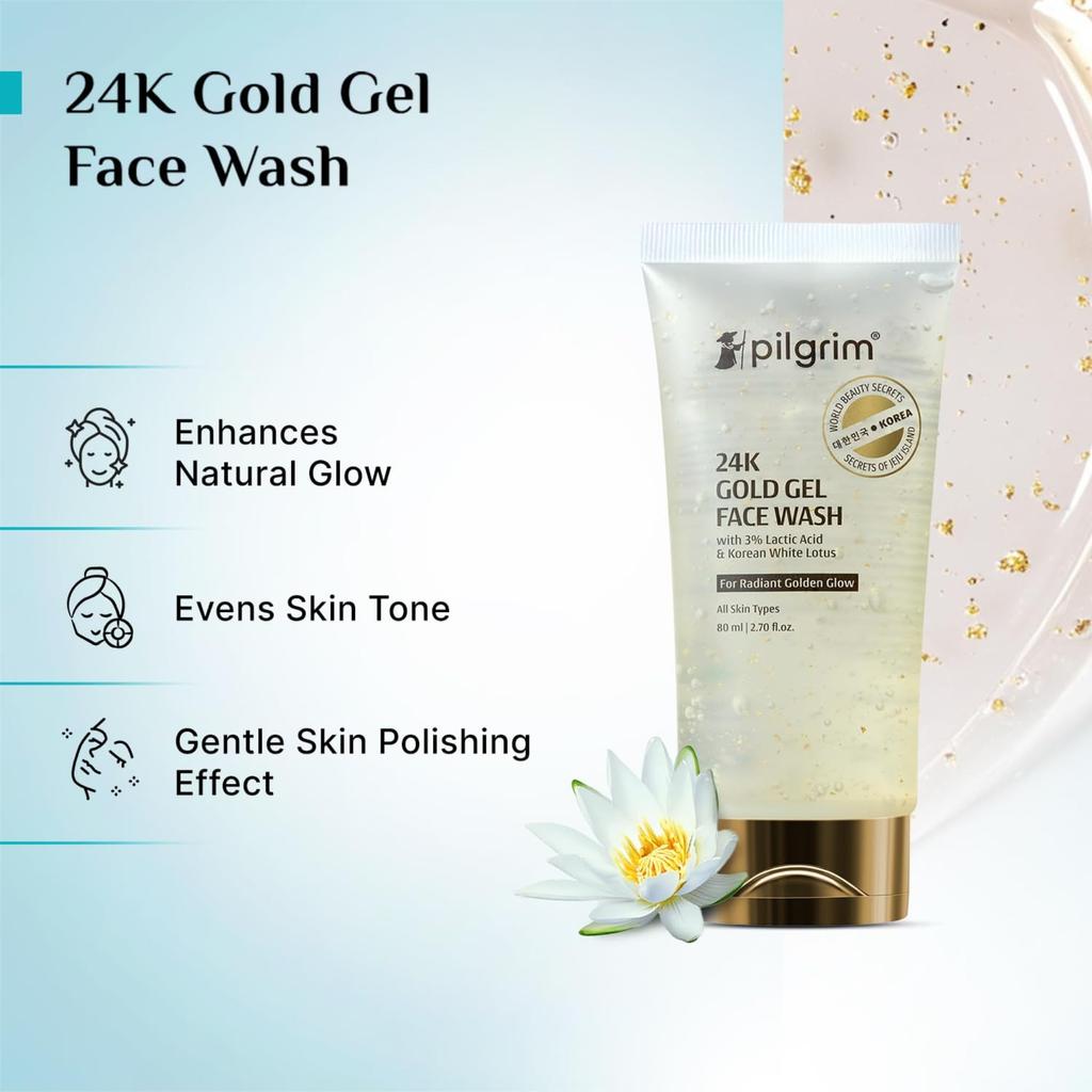 Pilgrim 24k Gold Gel Facewash with Korean White Lotus & Lactic Acid 80ml | Face wash for glowing skin | Reduce dark spot and improves skin texture