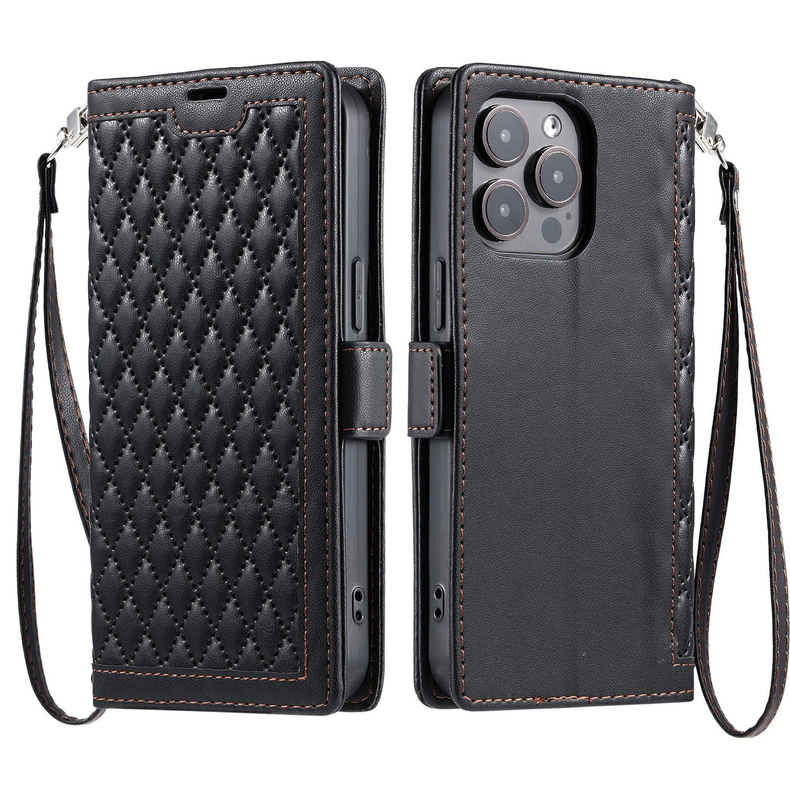 

For iPhone 16 Pro Max Leather Case Rhombus Texture Wallet Stand Phone Cover with Wrist Strap Black