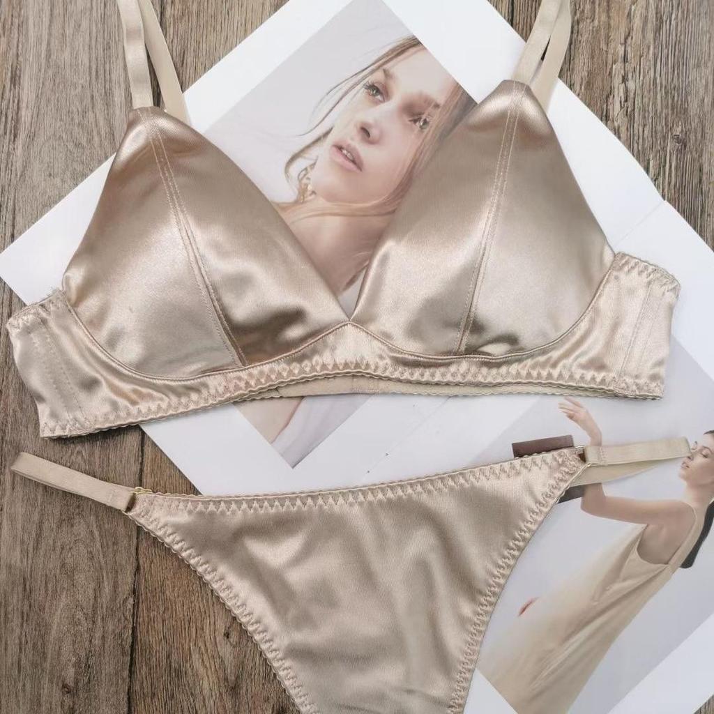 French Satin Triangle Cup Seamless Lingerie Set - No Steel Ring, Available In Small & Large Sizes