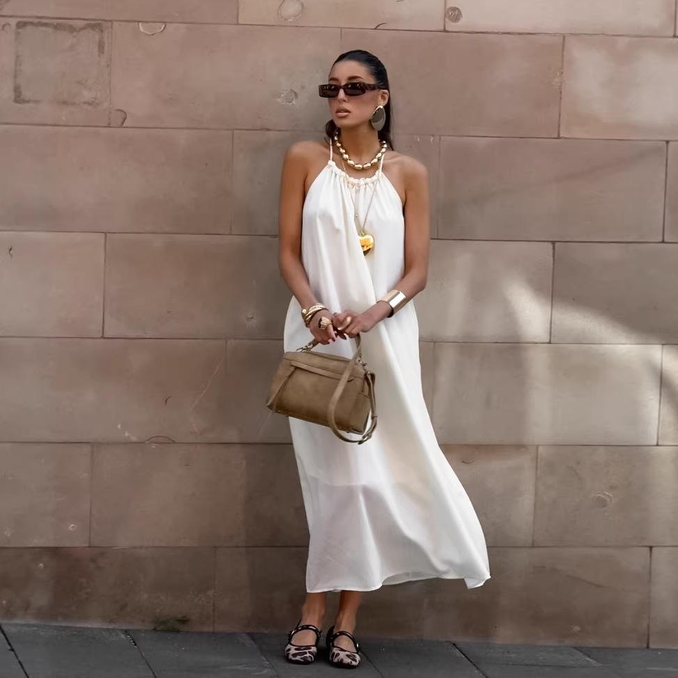 Summer French vacation loose white neck dress women's niche A-shaped skirt long dress women's clothing