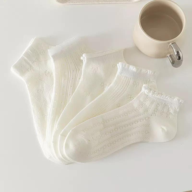 Ballet-style Lace Solid Color Short Socks, Combed Cotton Breathable and Comfortable Short Women's Socks, Simple Mesh Hollowed-out Bow