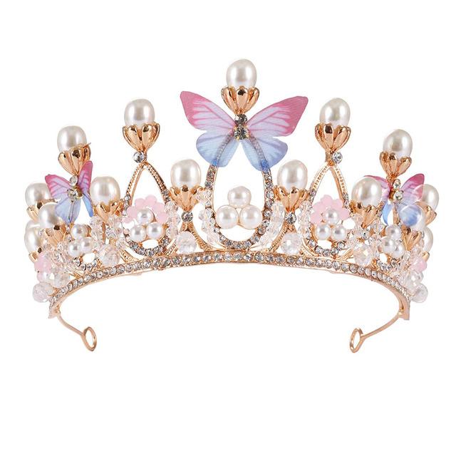 Romantic Butterfly Shape Princess Crown For Girls Handmade Rhinestone Tiara Pearl Headband For Birthday Wedding Model Catwalk