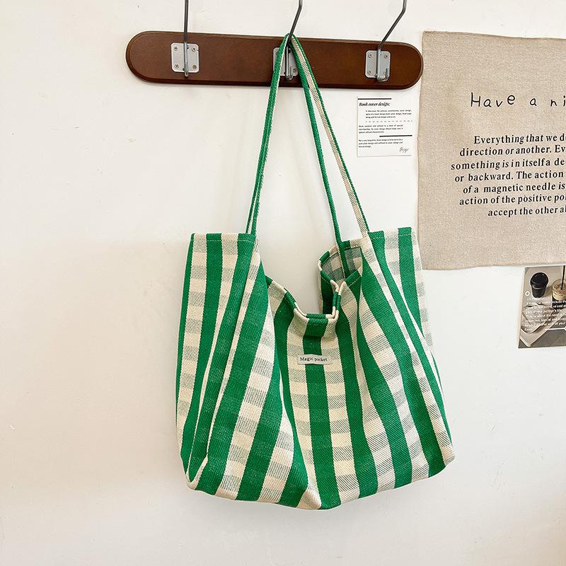 Striped plaid canvas bag women's new trendy fashion college style tote bag large capacity shoulder bag