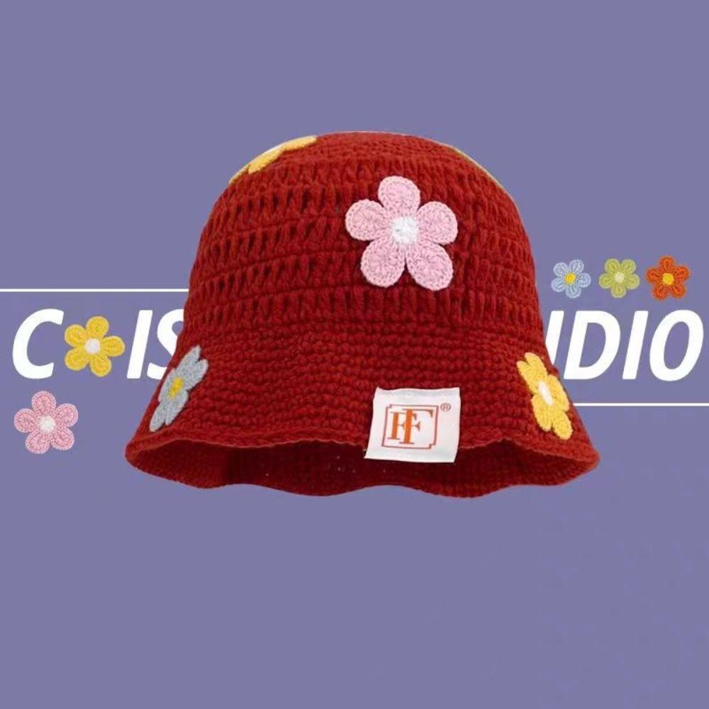 Korean Style Beanies Hat Handmade Bucket Hat Casual Flower Knitted Hat  Outdoor