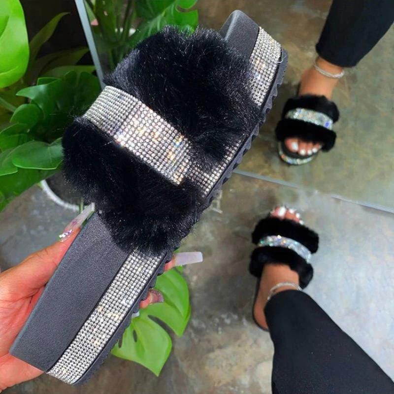 Luxury Designer Women Fur Rhinestone Slippers Platform Wedges Heel Solid Fluffy Furry Slides Outside Sexy Shoes wedges Slippers
