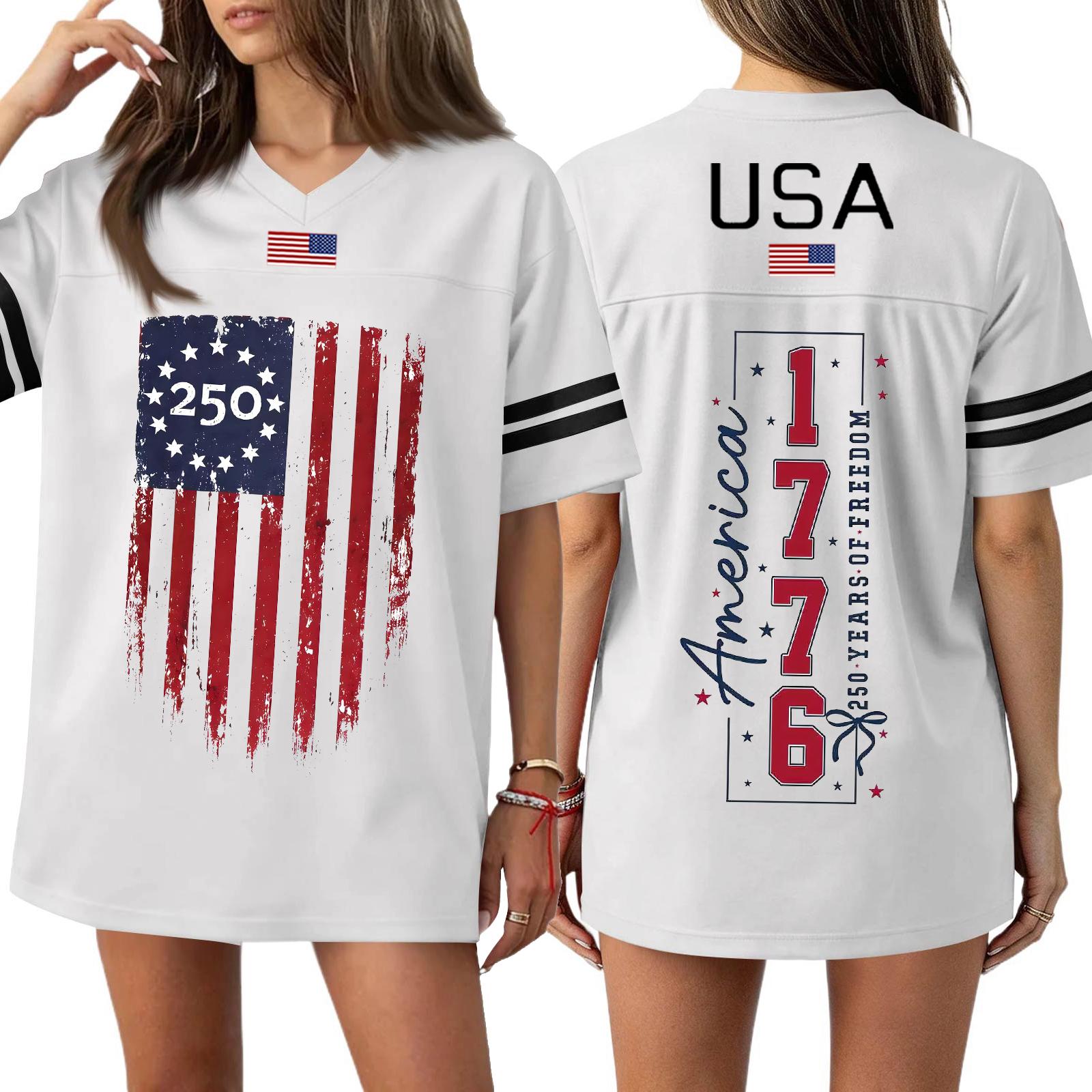 

Womens Loose Fit Short Sleeve V Neck T Shirt with Flag Print 250th Anniversary 1776 Graphic USA Letter Print Comfortable Pullover Top XS білий