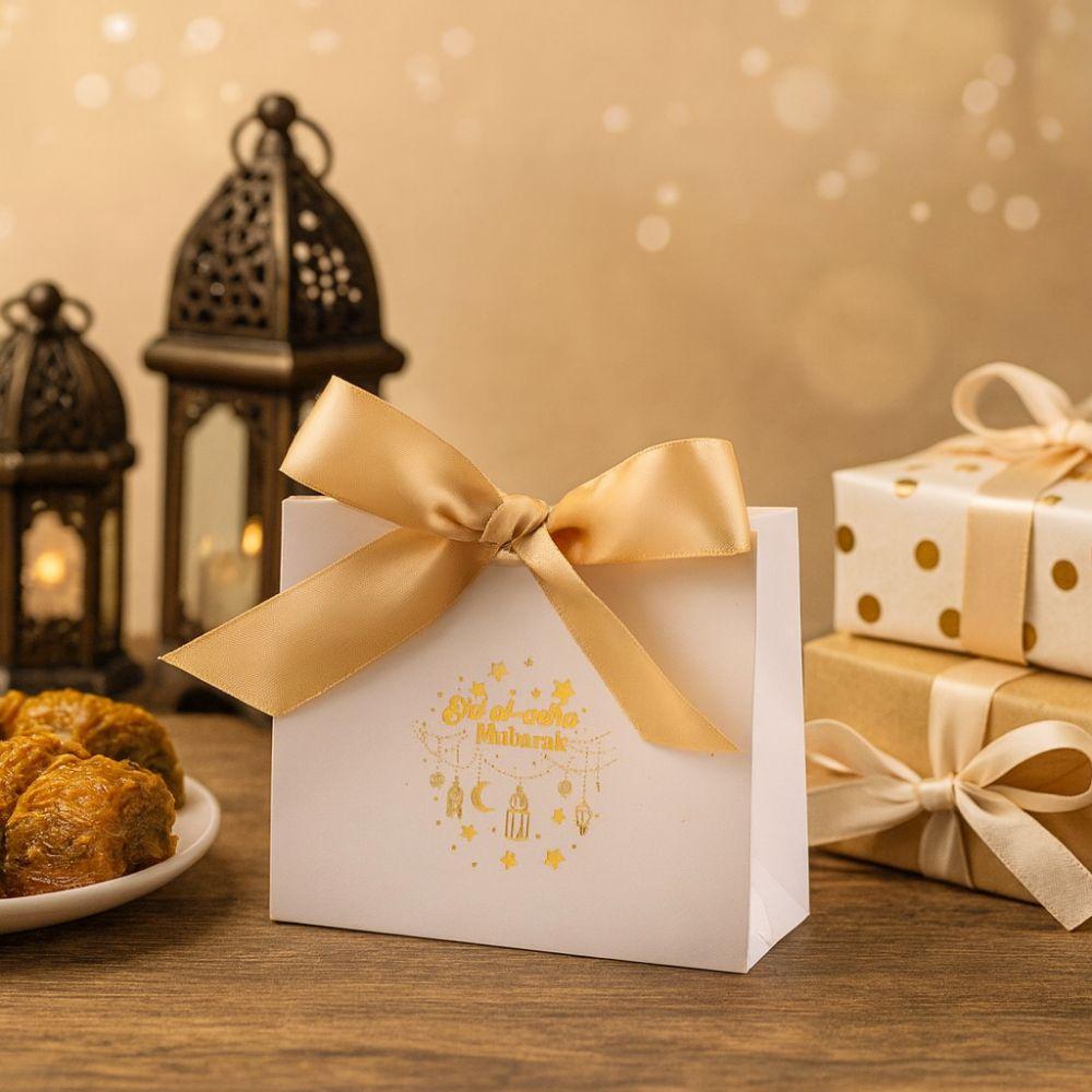10pcs Silk Ribbon Eid Mubarak Gift Box Moon Star Paper Candy Bags Unique DIY Gift Packaging Box Holiday Decoration