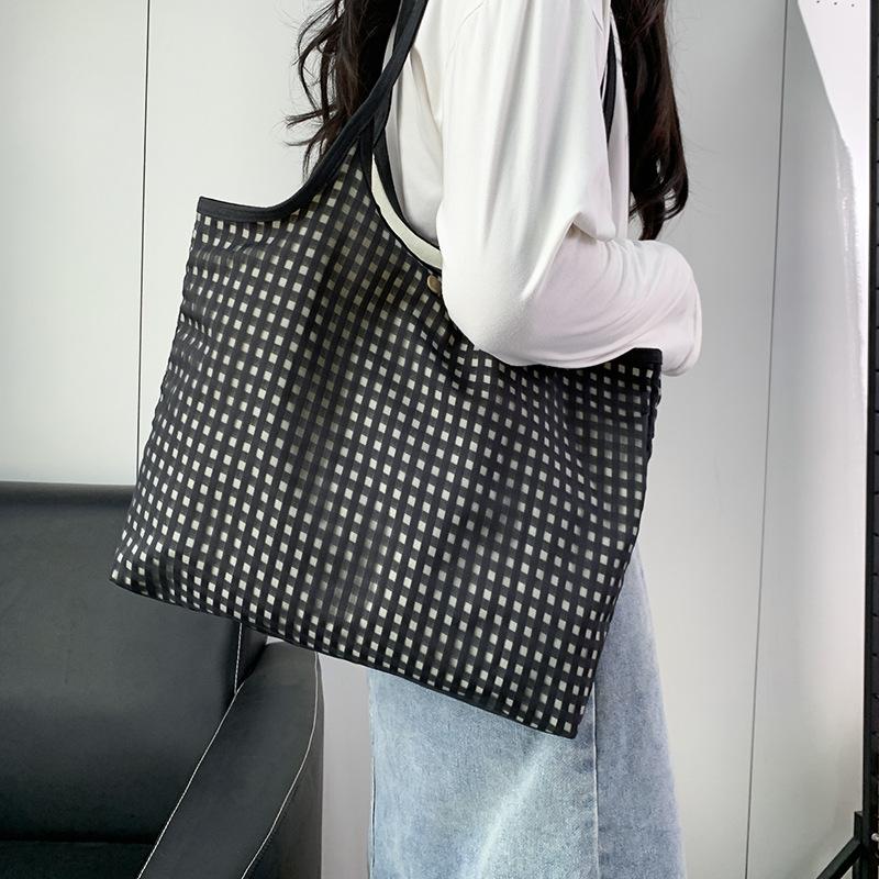 Simple Plaid Canvas Bag Female Single Shoulder Summer Literary Large Capacity Bag