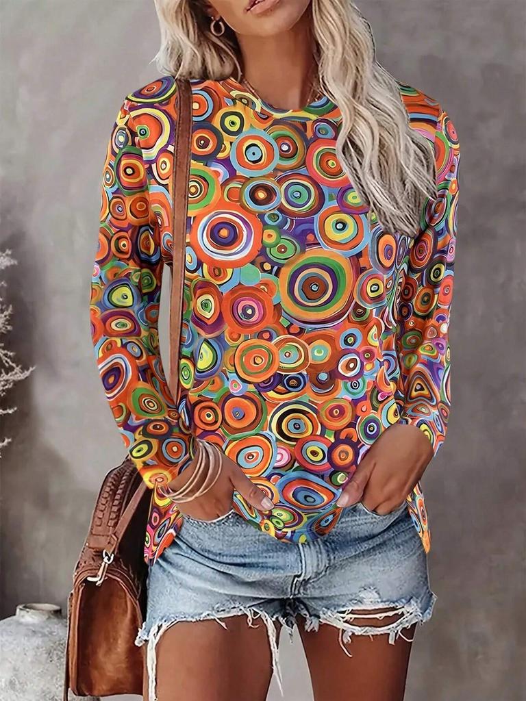 Women's 3d Circle Color Print T-shirt Fashion Long Sleeve Round Neck Regular Top Holiday Weekend Spring and Autumn