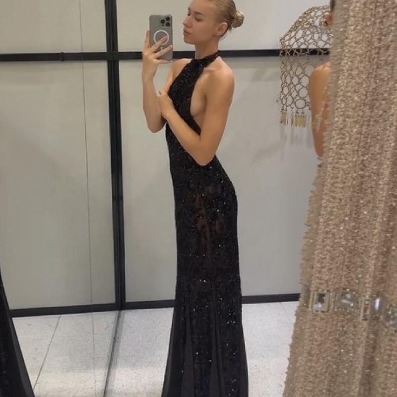 2026 Off-Shoulder Spaghetti Strap Sequined Backless Halter Long Dress - Elegant Solid Color