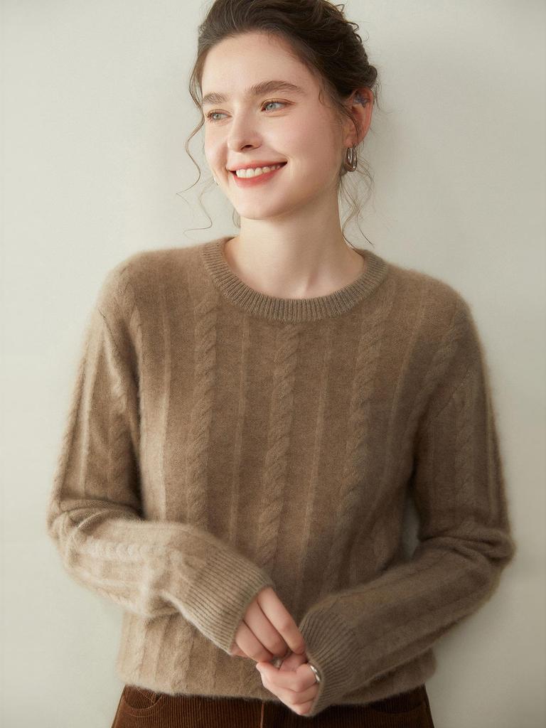 Maglione da donna in cashmere a girocollo: Lavorazione a treccia spessa, Morbido cashmere di capra, Ideale per Autunno/Inverno.