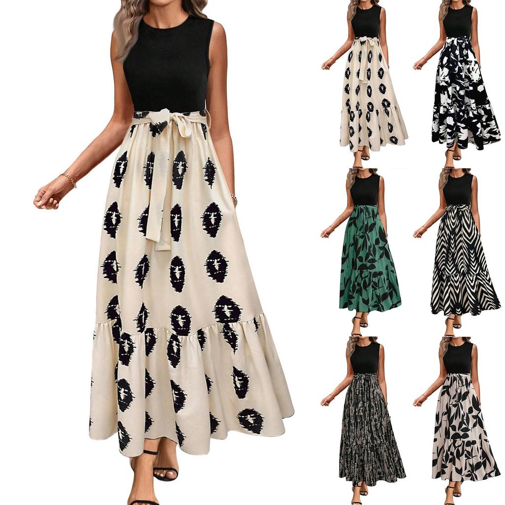 Women's Floral Print High Waist Fashionable And Elegant Sleeveless Dress