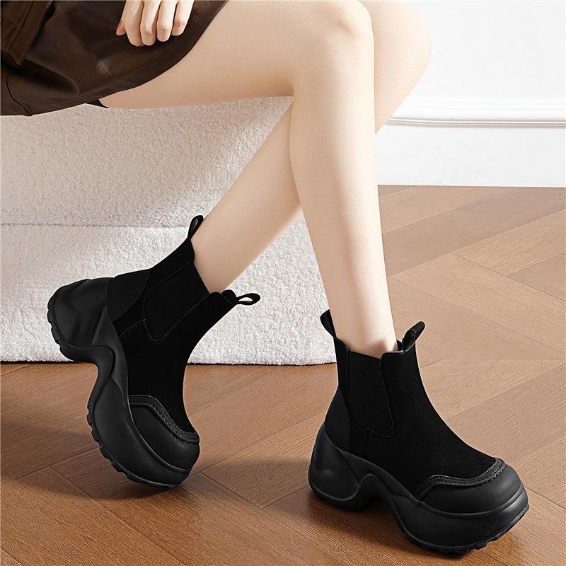 Herbst und Winter neue Plateau-Stiefeletten mit hohem Absatz vielseitig höhenverstellbare kurze Stiefel Patchwork-Samt-Zigarettenstiefel Baumwollschuhe