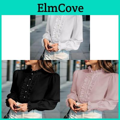 Elegant Long Sleeve Shirt With Ruffle Collar For Office Work And Casual Wear