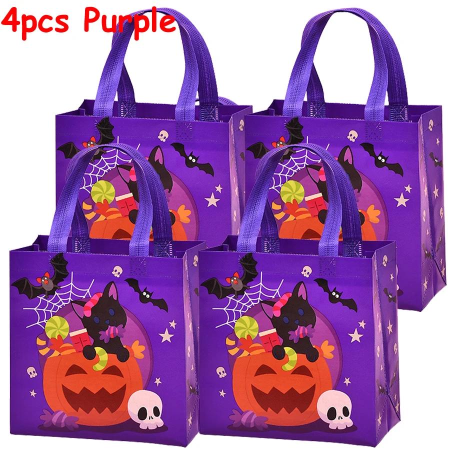 4pcs Halloween Theme Non-woven Cloth Gift Shopping Bag with Handle Reusable Pumpkin Bat Creative Trick or Treat Goodie Bags