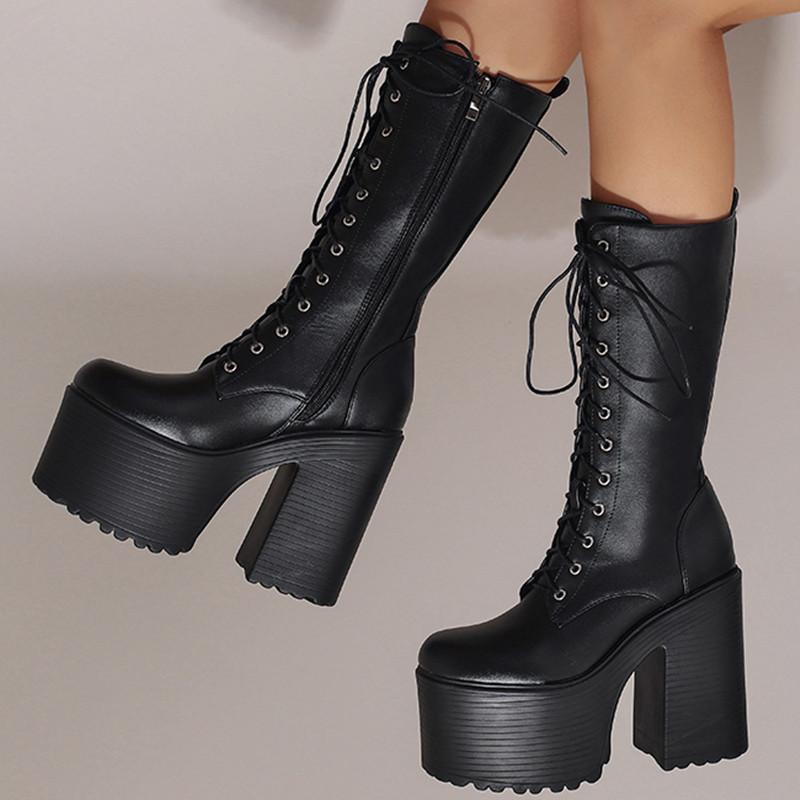 Stivali da Donna Sexy con Plateau a Metà Polpaccio Inverno Stripper Gotico Punk Tacchi Stivale per Donna Stringati Nero Bianco Scarpe Feticcio Taglia Grande