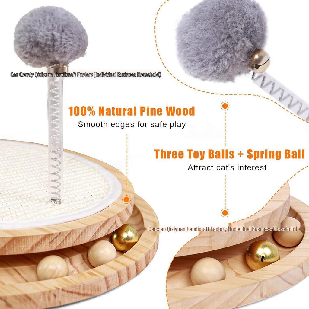 Double Layer Wooden Cat Scratching Post with Teaser Toy, Sisal Mat & Self-Amusement Ball