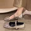 Large size women's shoes 41-43 wide fat feet small fragrant silver Mary Jane shoes summer retro square head with skirt single shoes