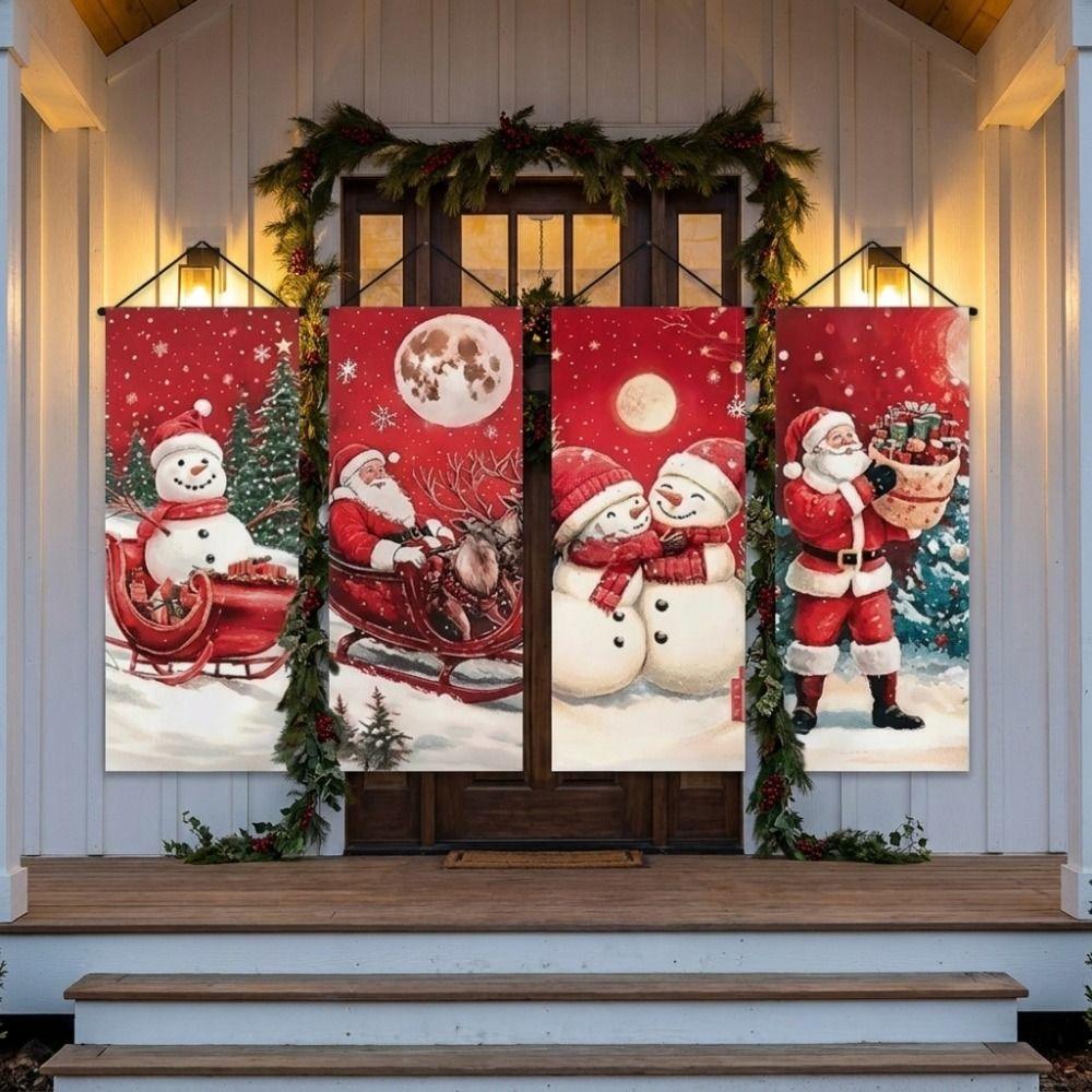 4pcs 2D Flat Christmas Flag Banners Santa Claus Christmas Hanging Flag Outdoor Decoration