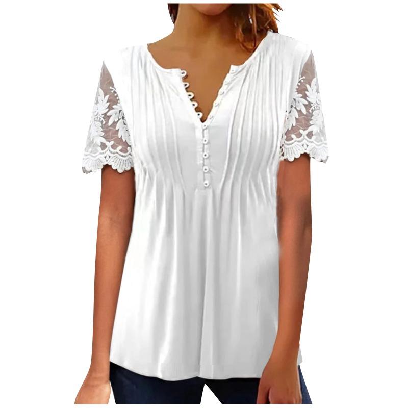 Sommer Neue Blumendruck Beiläufige Lose Blusen Frauen Mode Elegante Vintage Rüschen Spitze Kurzarm Shirts für Frauen Rundhals Slim Fit tops 26515