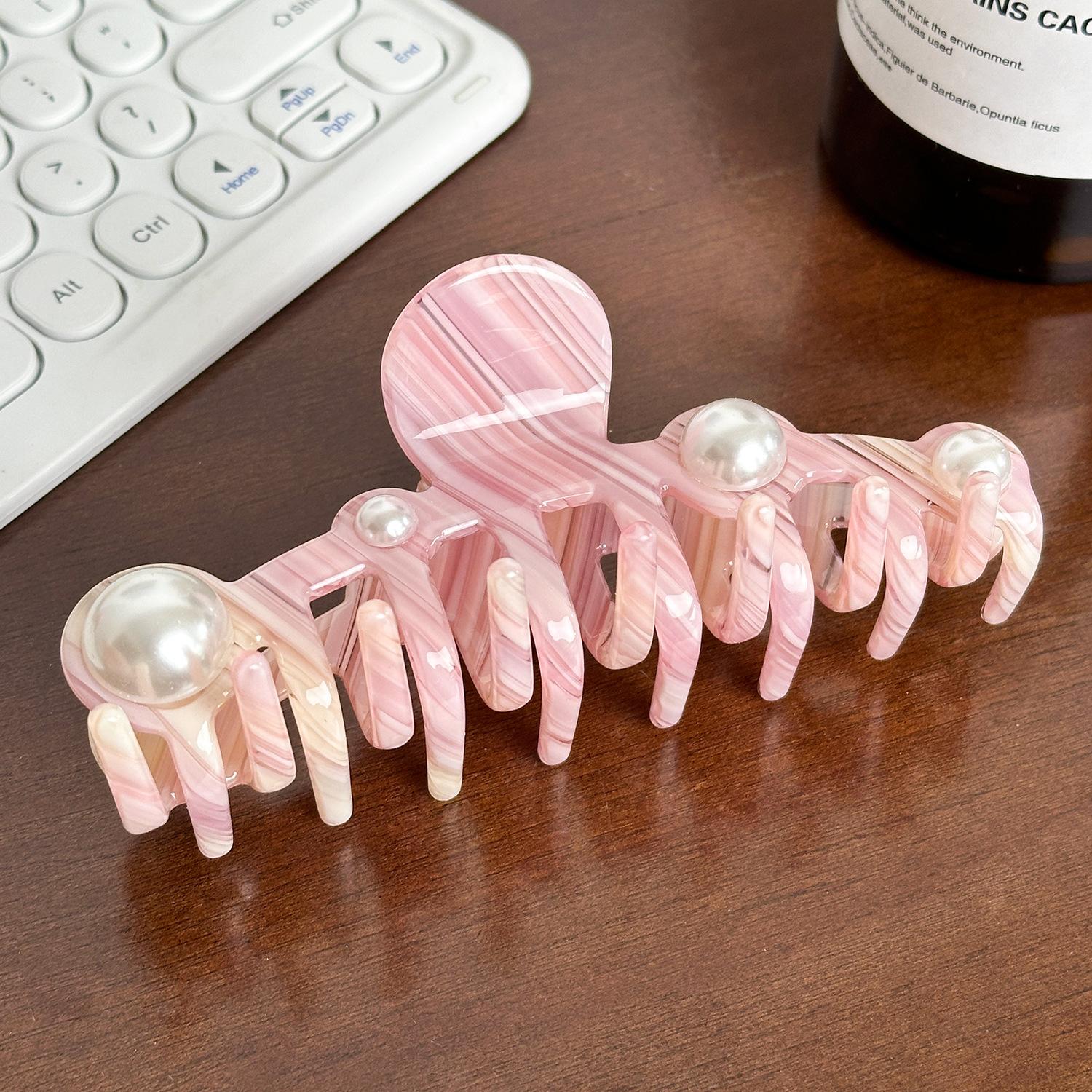 

Модная большая заколка для волос из ацетата с инкрустацией экстра-жемчугом, универсальный зажим для создания стиля без усилий Pink12.5cm