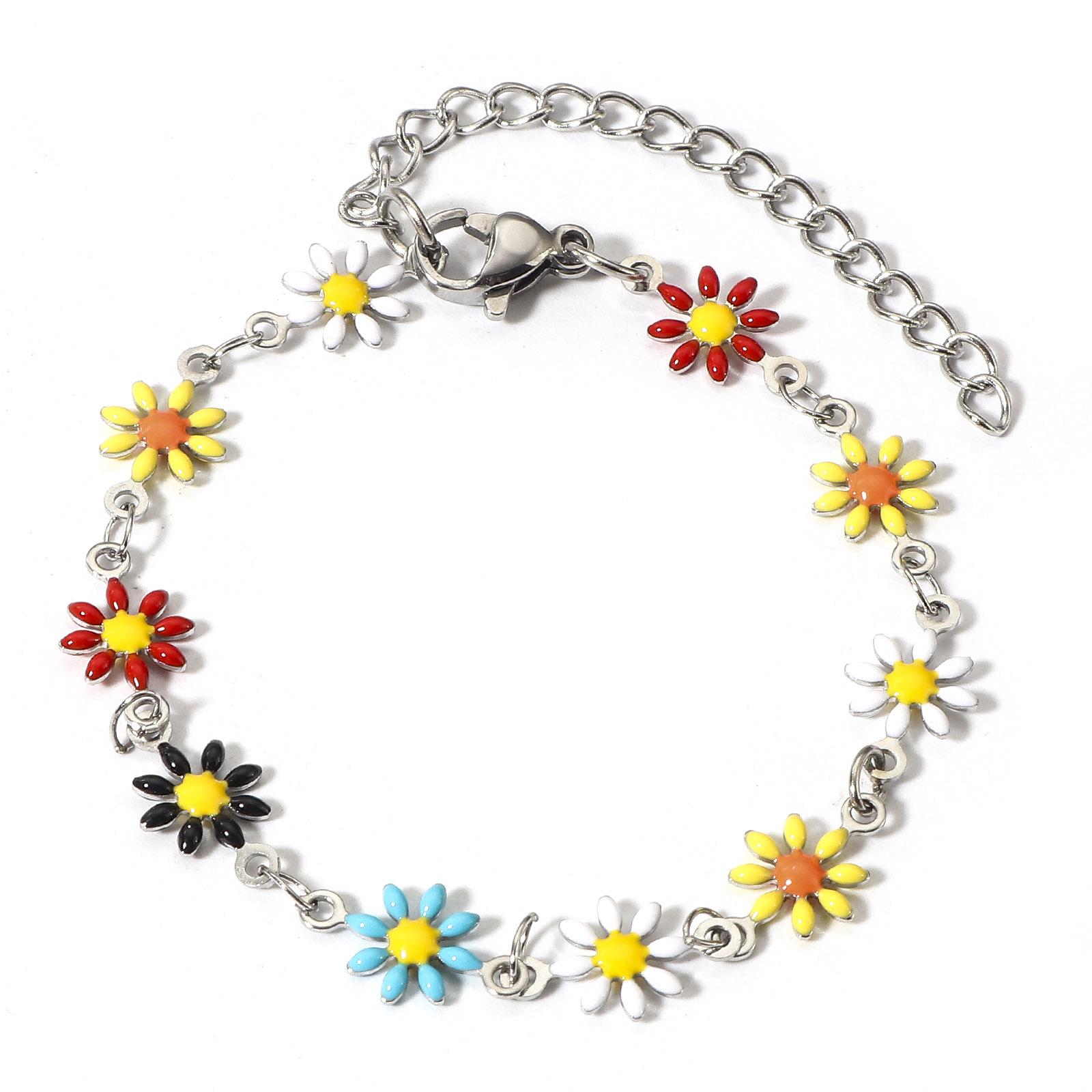 

1 Piece 304 Stainless Steel Bracelets Silver Color Daisy Flower Double-sided Enamel Charms Bracelet For Women 16cm(6 2/8 ) long разноцветный