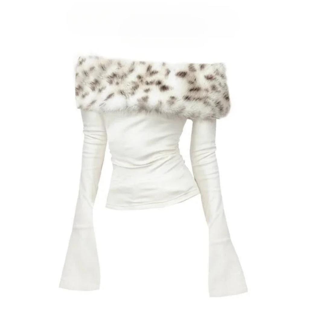 VAYLA Fur Collar One-shoulder Long-sleeved Women Slim-fit Printed Pattern Off-shoulder Short Top Trendy Hot Girl Winter T-shirt Women